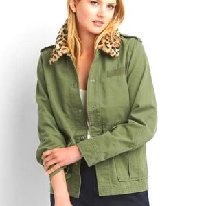 GAP Utility Jacket Olive Green Detachable Leopard Collar NWT